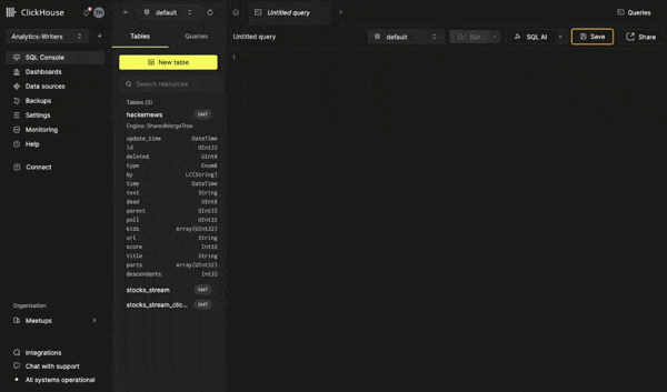 사용자가 타이핑할 때 AI Copilot이 SQL 자동 완성 제안을 제공하는 애니메이션