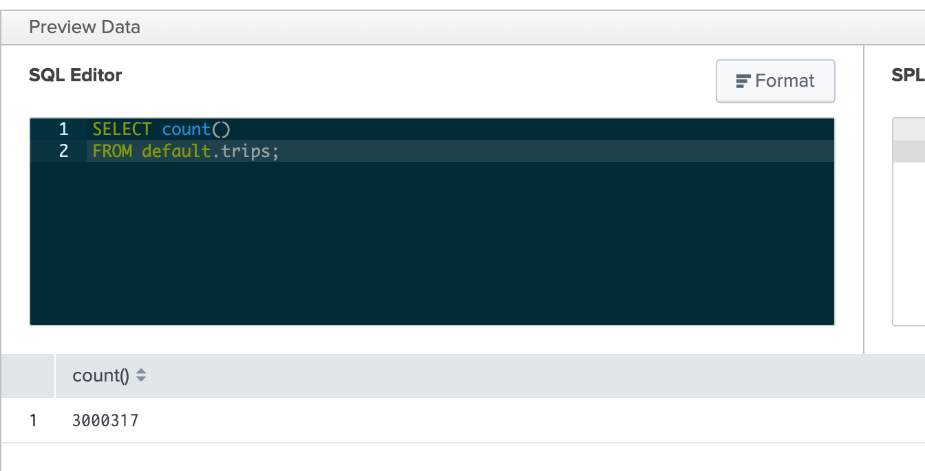 trips 테이블의 레코드 수를 표시하는 Splunk SQL 쿼리 실행 화면